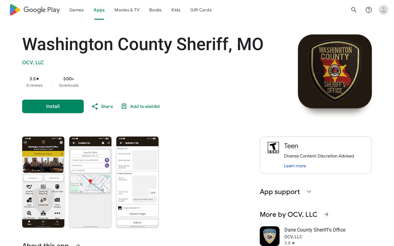 Google Play listing for the Washington County Sheriff Missouri app