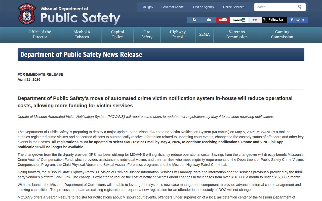 Missouri DPS notice announcing the May 2026 MOVANS notification changes