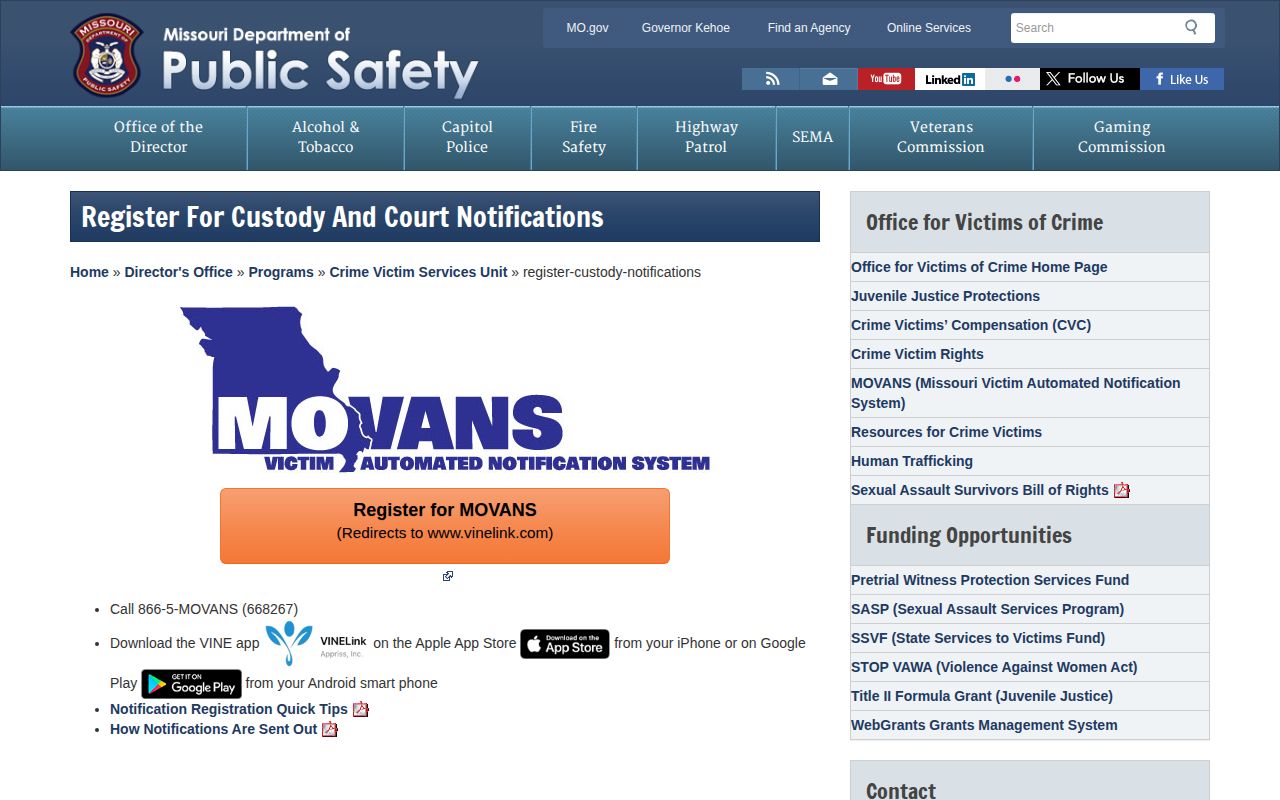 Missouri DPS MOVANS custody notification information