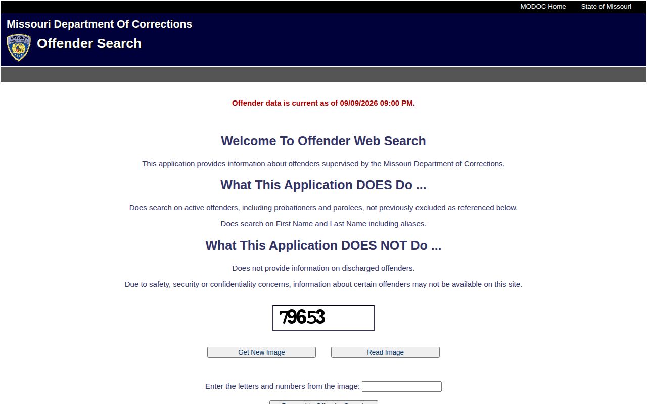 Missouri Department of Corrections Offender Search page