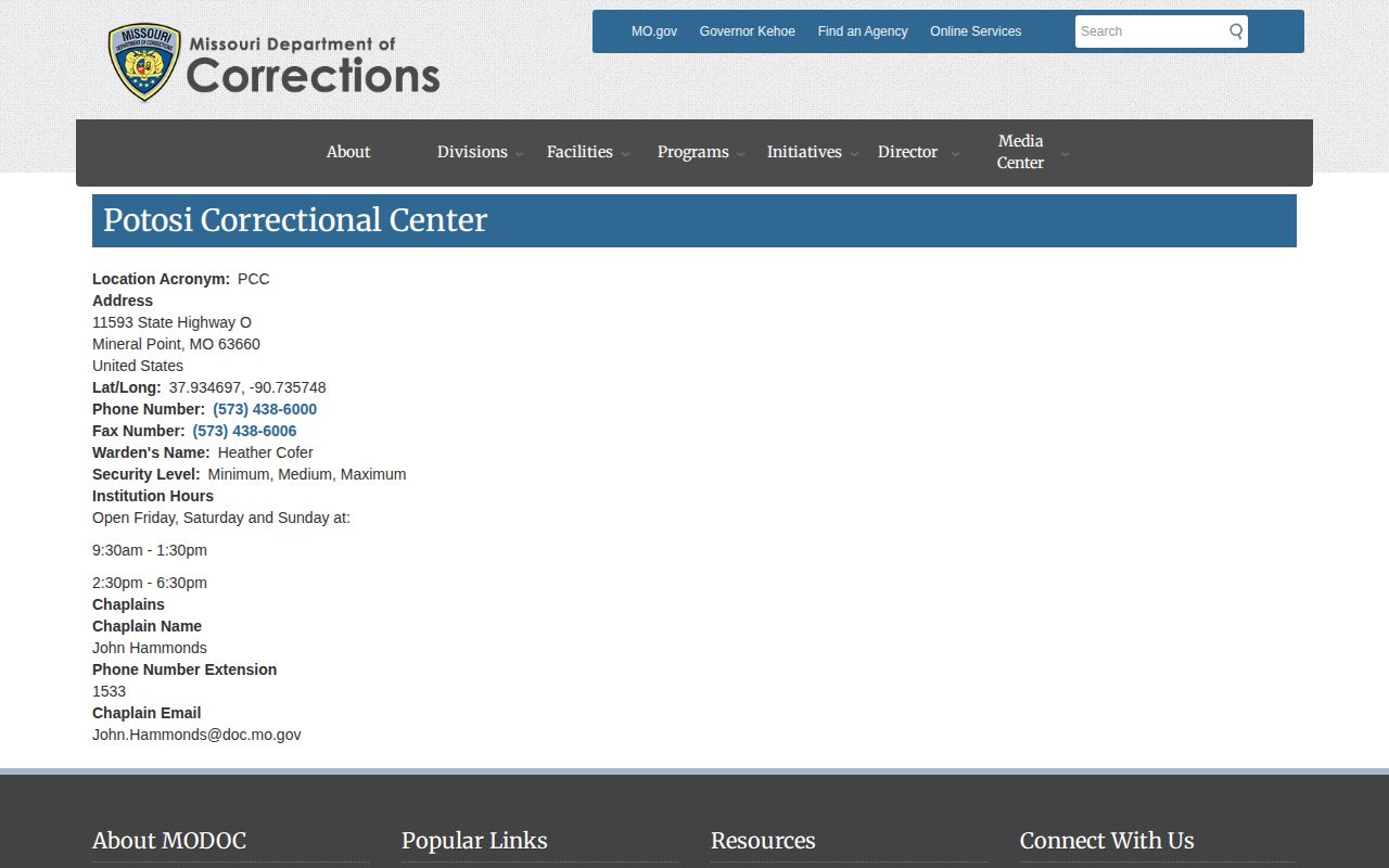 Missouri DOC Potosi Correctional Center page showing the state prison in Mineral Point