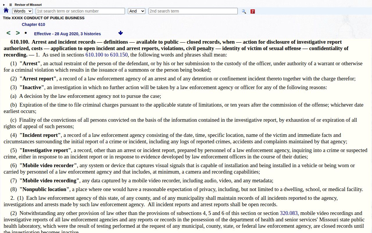 Missouri arrest report statute with definitions and access provisions