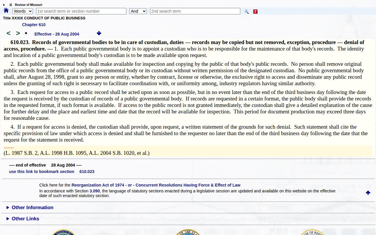 Missouri Section 610.023 public records response statute
